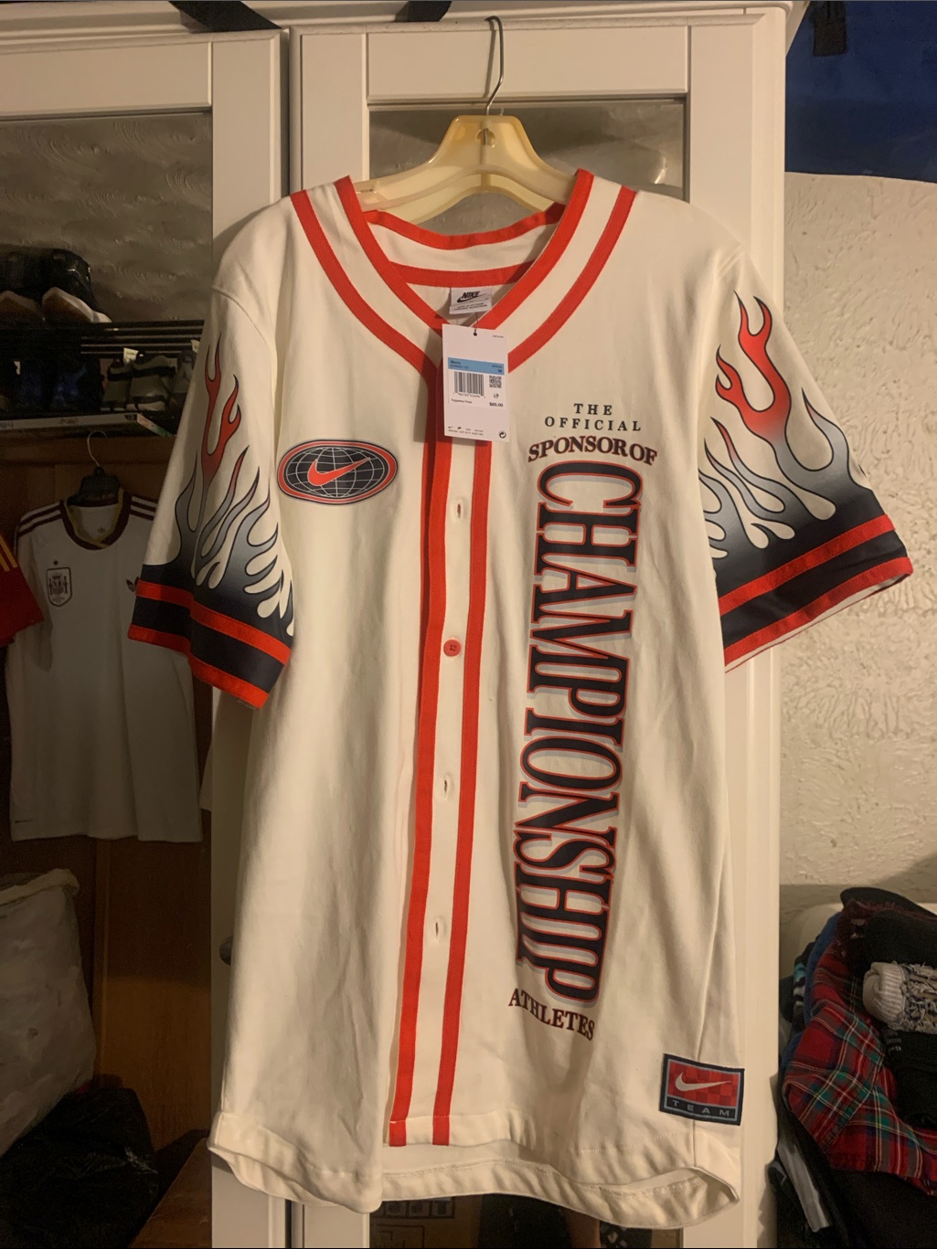 Nike White  Red Championship Flame Baseball Jersey